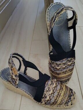 Toni Pons Multi-Color Saba Espadrille Sandal w Wedge & Woven Navy Straps Sz 7.5